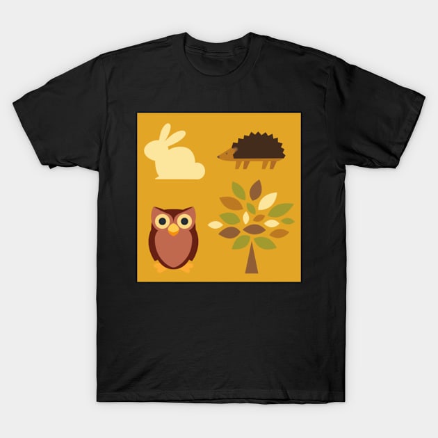 Nature (rabbits, hedgehogs and owls) pattern T-Shirt by LukjanovArt